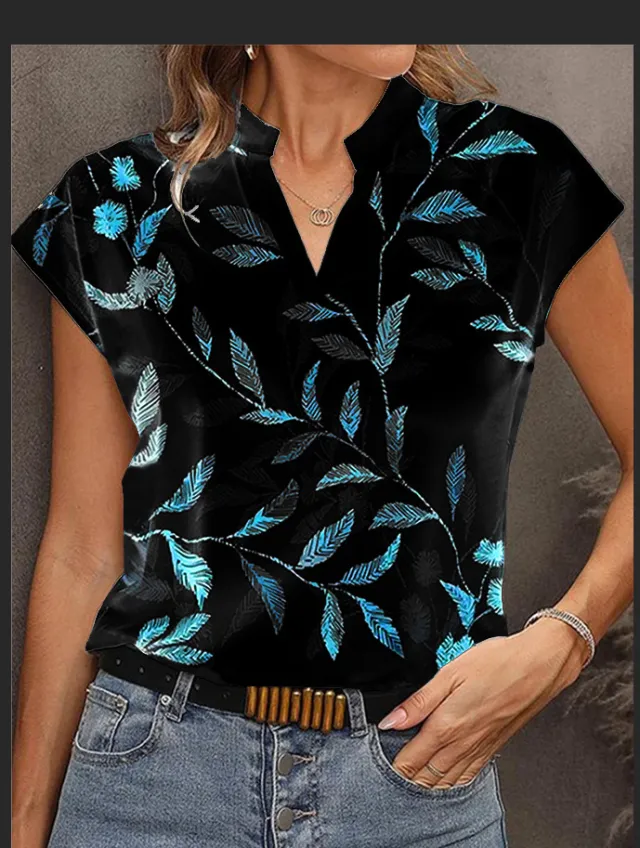 Women's Casual Fashion Printed V neck Short Sleeved T shirt Black - Shop at LoveMi