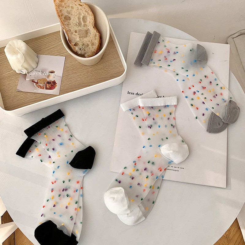 Glass Stockings White Women's Personality Colorful Dots Summer Thin Mid Tube Socks