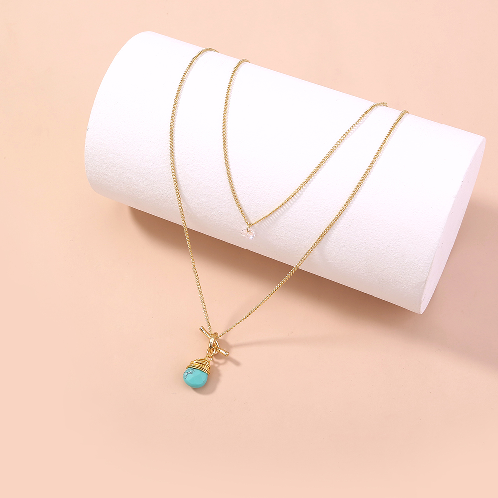 European and American foreign trade new product hot-selling jewelry, metal knotted hand-wound turquoise water droplet simple multi-layer necklace