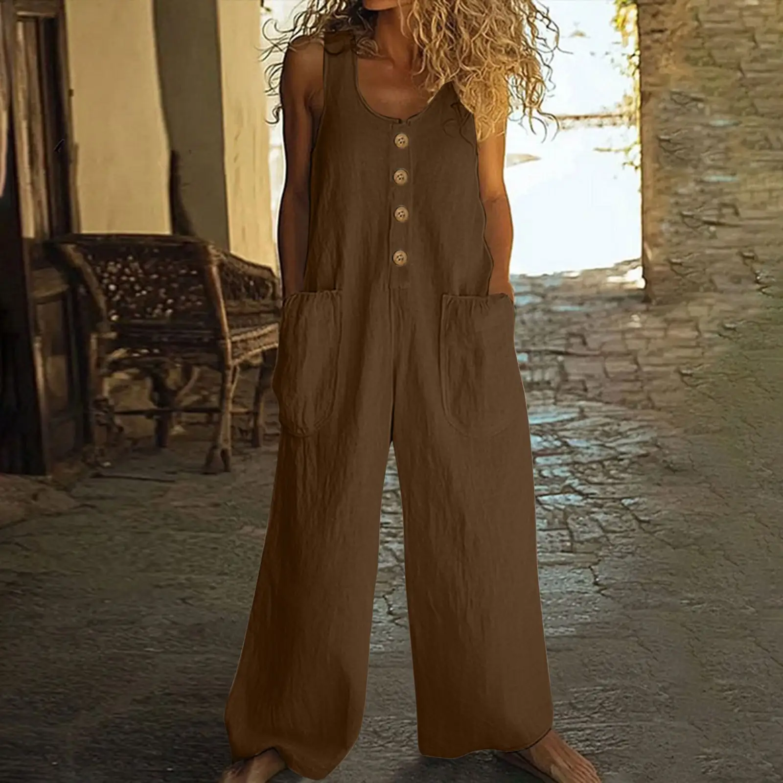 Summer New European-style Wide-leg Jumpsuit For Women, Sleeveless, Buttoned Pockets, Relaxed Fit, Casual Strap Pants.