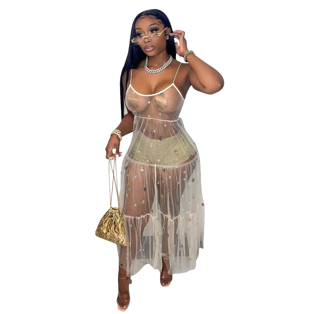 Sling Mesh Bikini Cover Up Dress Stars See Through Mesh  Slim