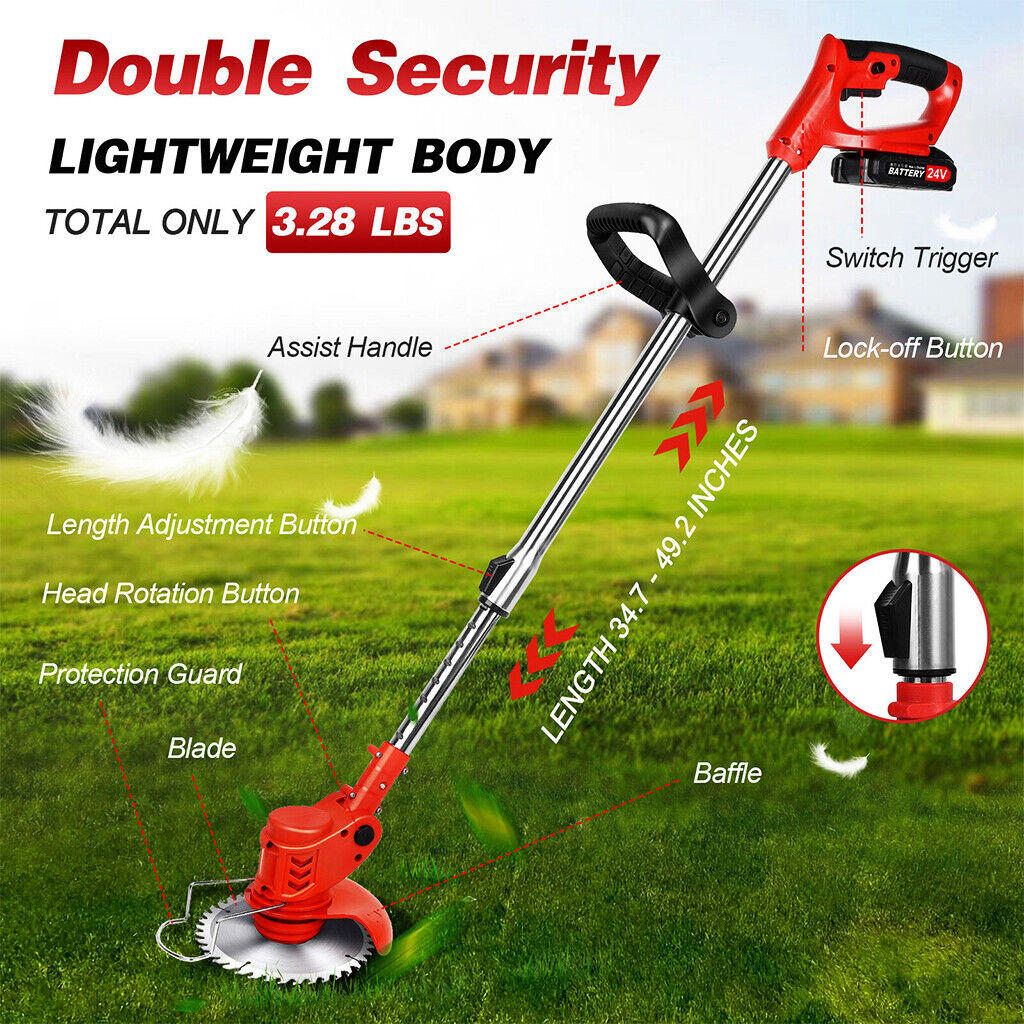 24V Cordless Electric Strimmer Grass Trimmer Weed Cutter Sets 2 BATS With Wheels