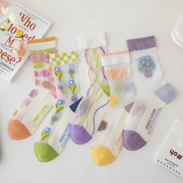 Spring And Summer Glass Silk Crystal Socks Women's Boneless Middle Tube Breathable 5Pairs - Shop at LoveMi