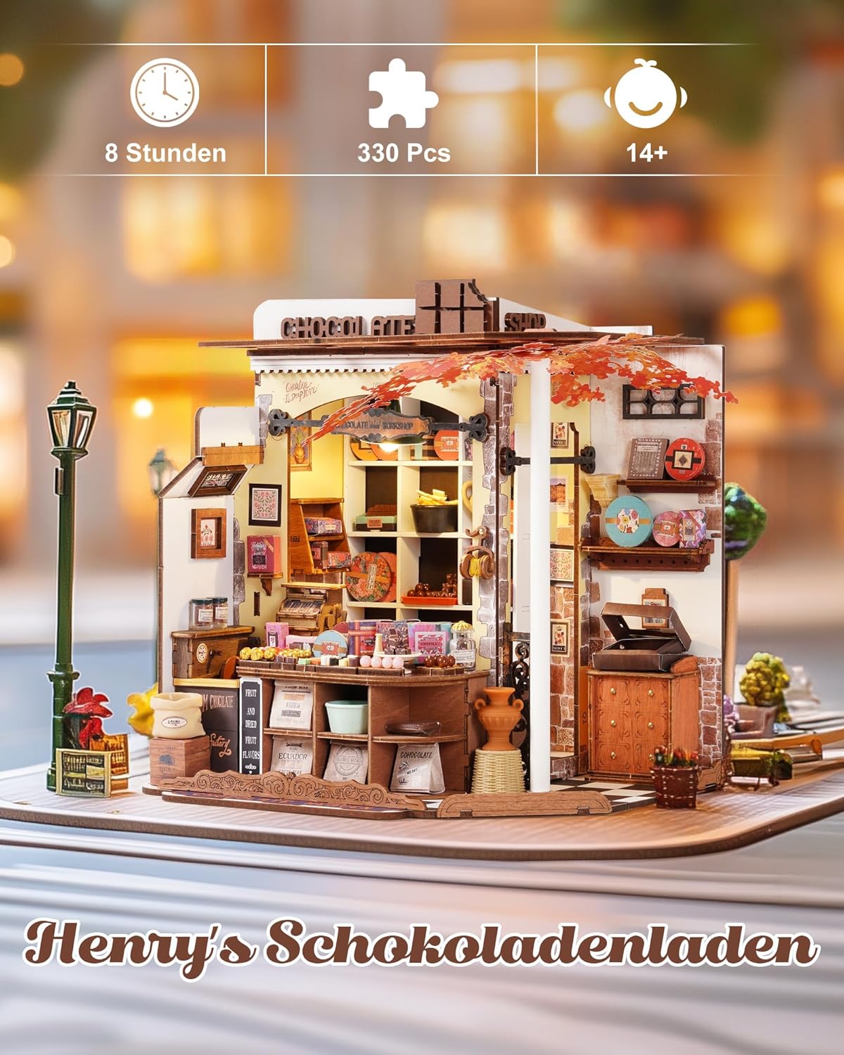 Rolife Henry's Chocolate Shop Miniature House DIY Kit,330-Piece 3D Dollhouse Model With LED Light, No Glue Required, Collectible Display & Craft Gift For Teens & Adults,DG174