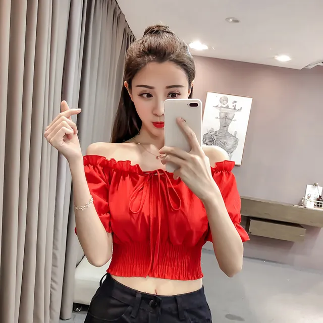 Women High Waist Short One line Neck Strapless Sexy Puff Sleeve Top Red - Shop at LoveMi