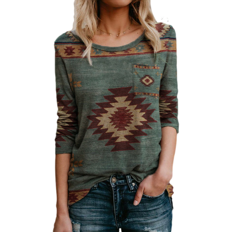 Explosive Ladies Single-bag Long-sleeved Round Neck Pullover Western Ethnic Print T-shirt