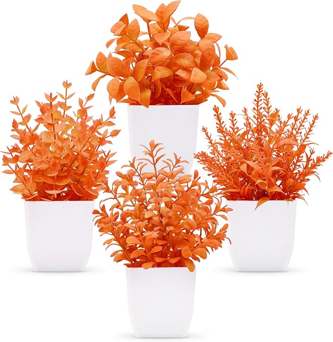 4-Pack Artificial Fall Plants In White Pots, Mini Faux Autumn Greenery For Bathroom, Home, Office, Shelves And Tabletop Decor — 1