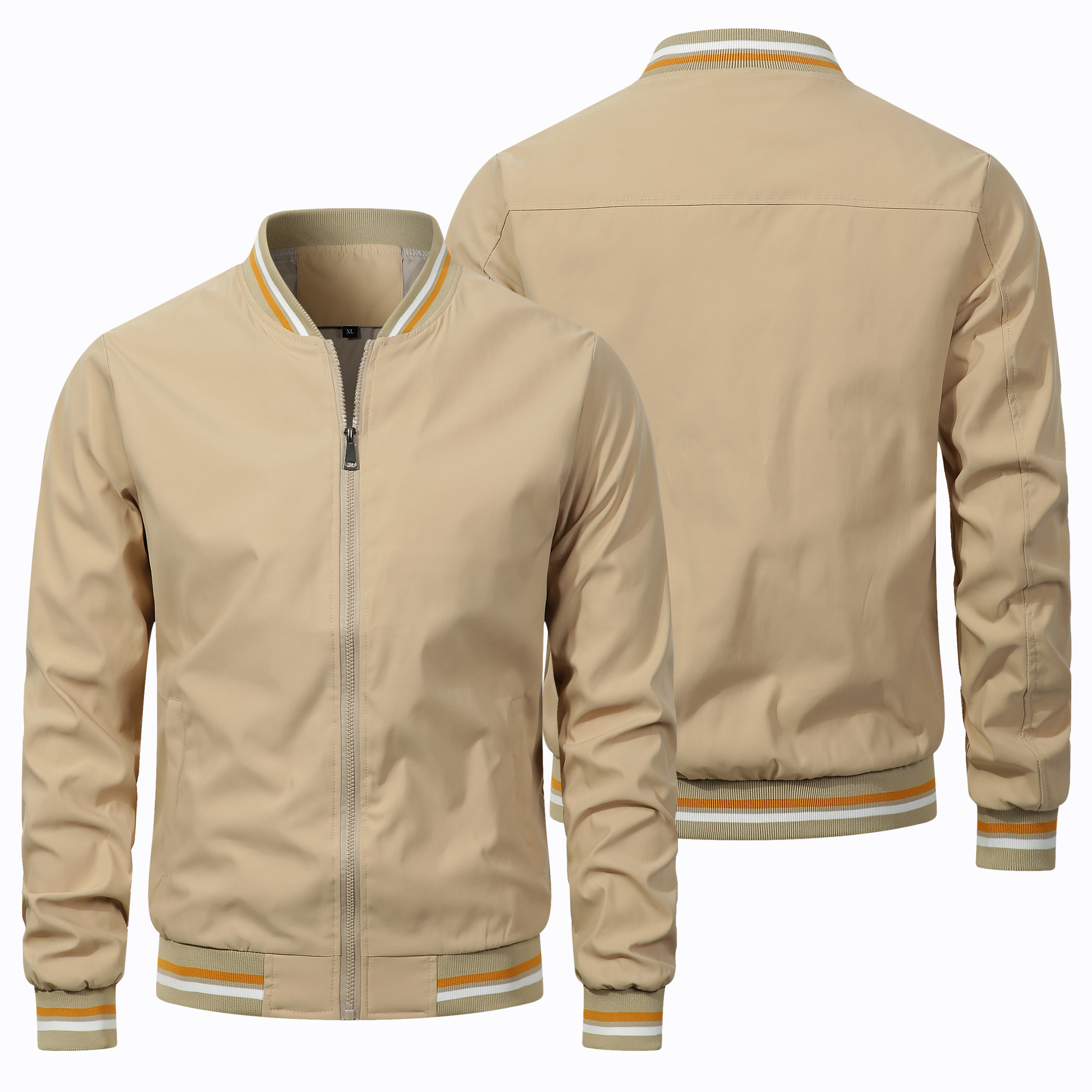 Men's Classic Striped Rib Cuff Bomber Jacket Casual Zip Up Lightweight Windproof Baseball Jacket Solid Black Outdoor Daily Wear Coat