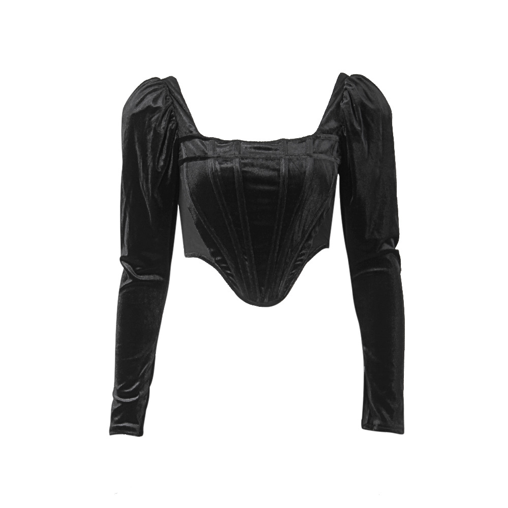 Square Neck Long Sleeve Top With Herringbone Puff Sleeve Sexy