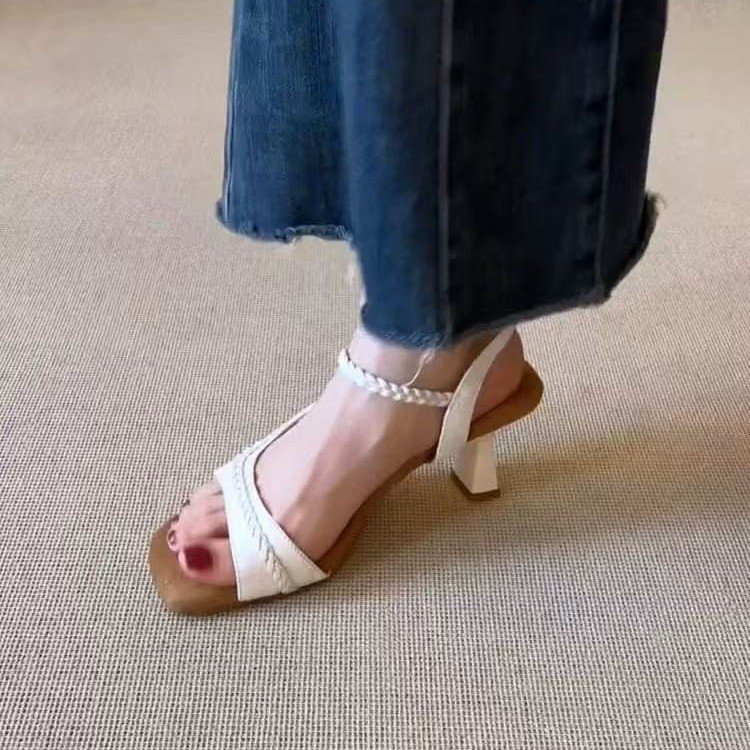 2026 Summer New Women Retro One Strap Buckle Woven Square Toe Open Toe Sandals, Fashion Comfortable Roman Sandals product image