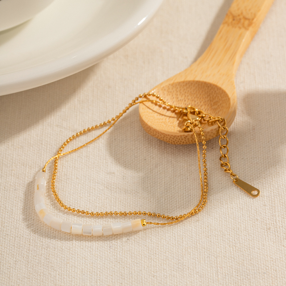 18K Gold Stainless Steel Double-layer Cylindrical Shell Beaded Anklet - Image 12