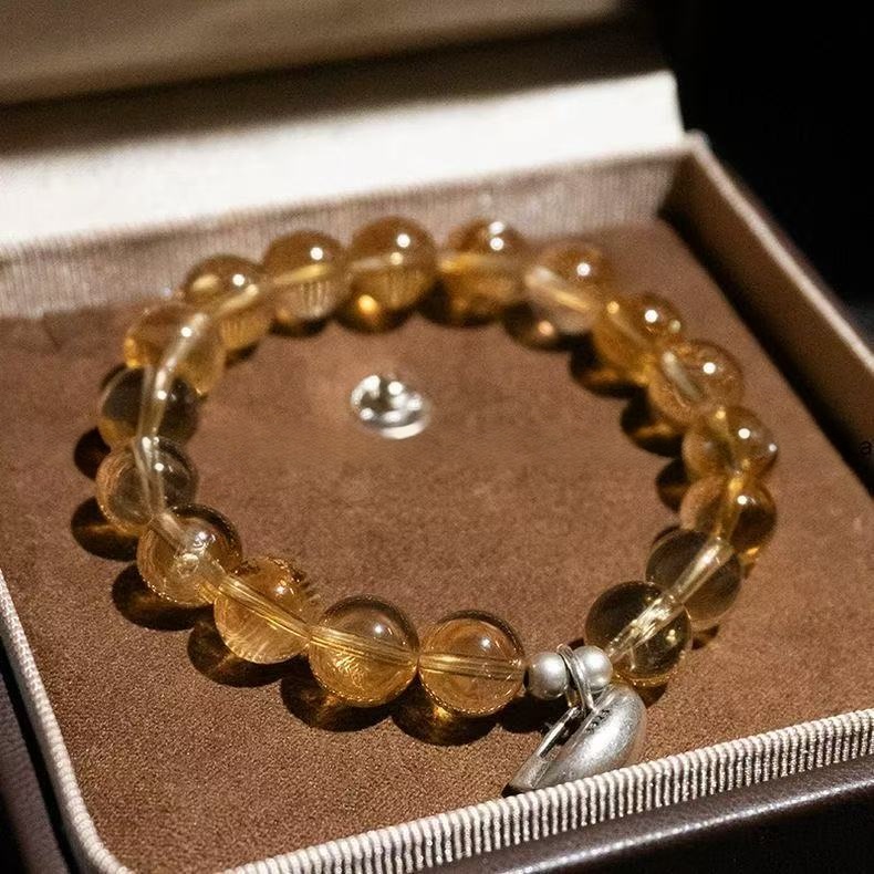 Natural Golden Rutilated Quartz  Citrine Bracelet Silver Bead Round Chain Wealth Energy Jewelry For Women