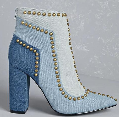 Title 3, Colorblock Denim Bronze Booties mit spitzem Zeh...