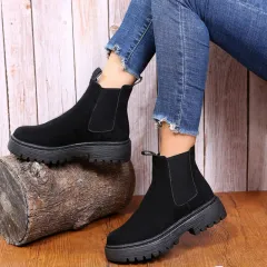 Women Ankle Boots Solid Color Chunky Boots Autumn Winter Platform Shoes - Black - View 1