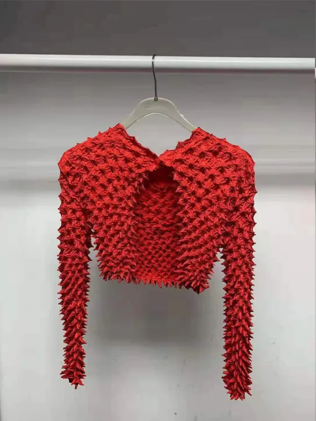New Style Irregular Pleated Slim fit Short Long sleeved Cardigan Top Red - Shop at LoveMi