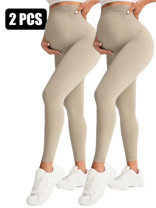 2 Pack Maternity High Waisted Seamless Yoga Pants For Women Tummy Support Fitness Leggings Apricot - Shop at LoveMi