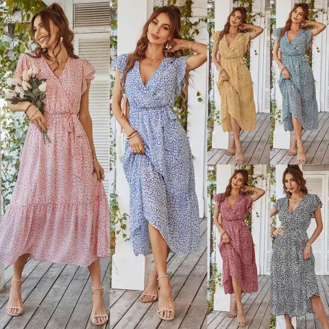Summer Dresses Ruffle Cap Sleeve V Neck Belt Wrap