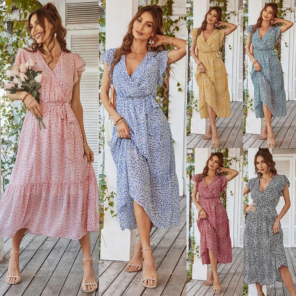 Summer Dresses Ruffle Cap Sleeve V Neck Belt Wrap