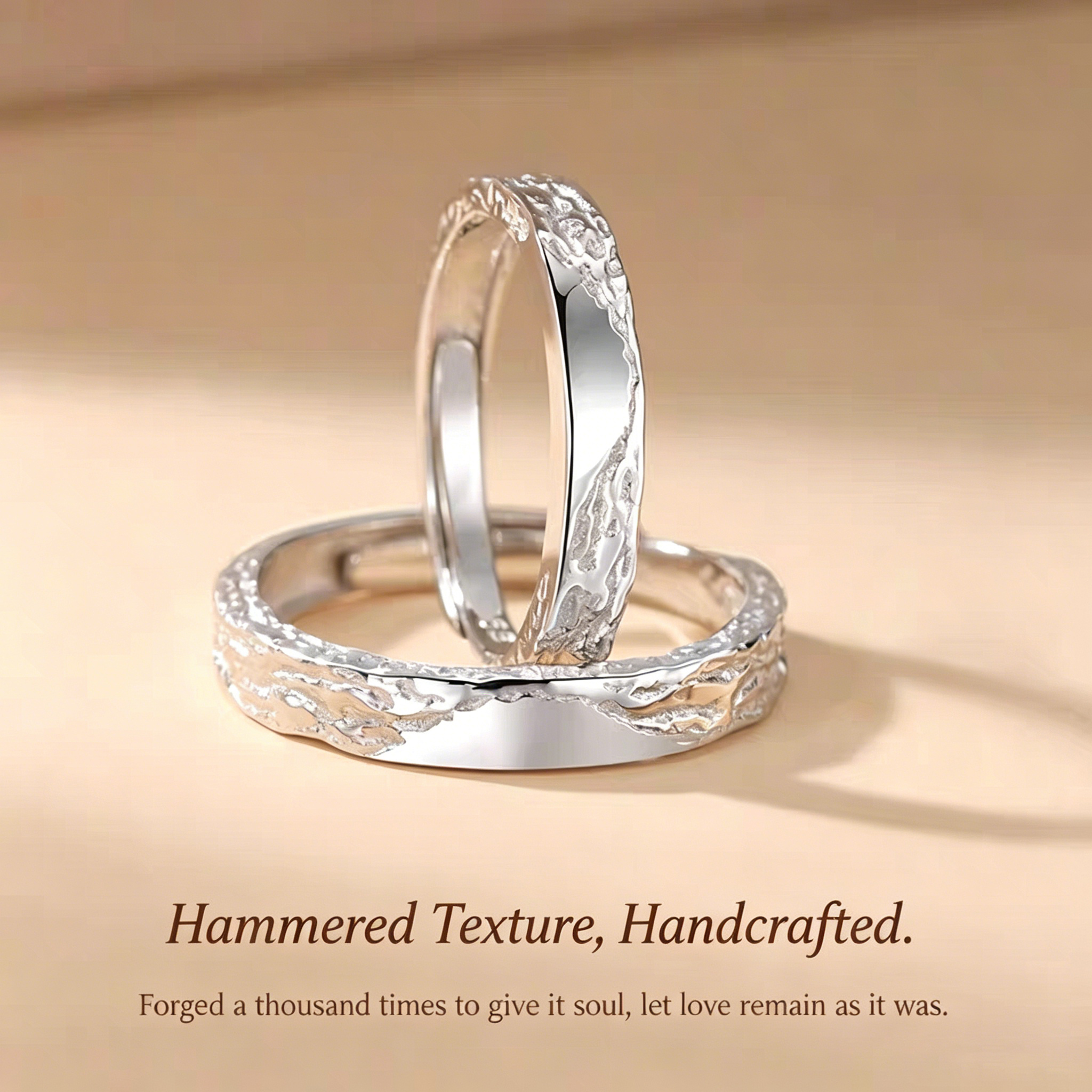 1 Pair 999 Sterling Silver Glacier Hammered Couple Rings, Adjustable Promise Rings, Ideal Valentine's Day Gift For Lovers