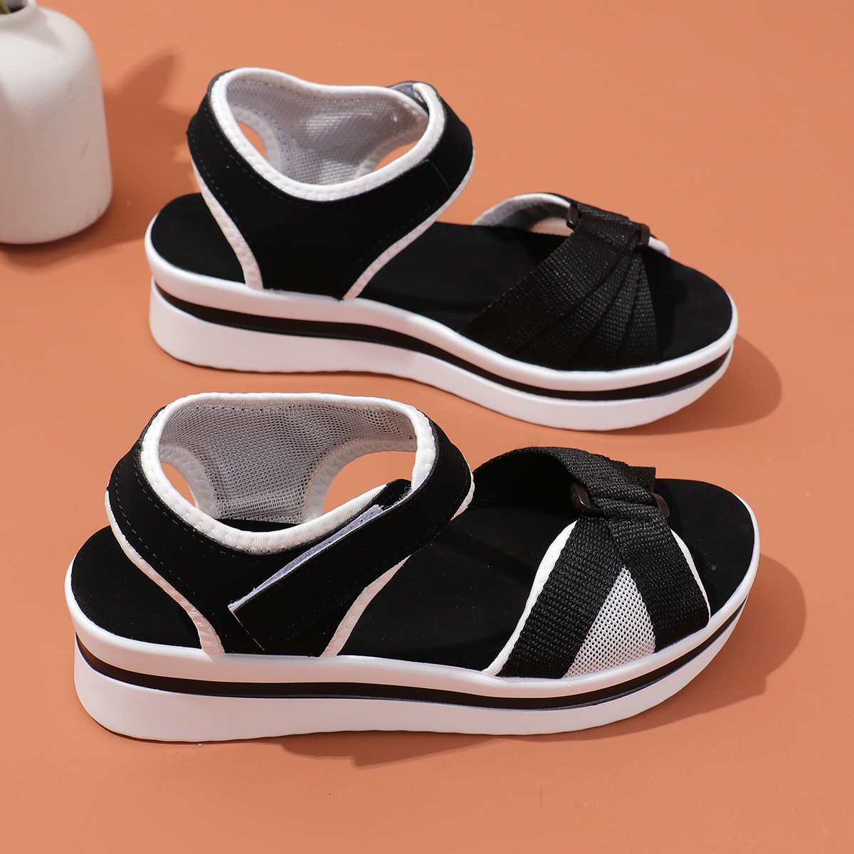 Summer Mesh Cross strap Sandals With Velcro design Thick Sole Flats Beach Shoes Women Black - Shop at LoveMi