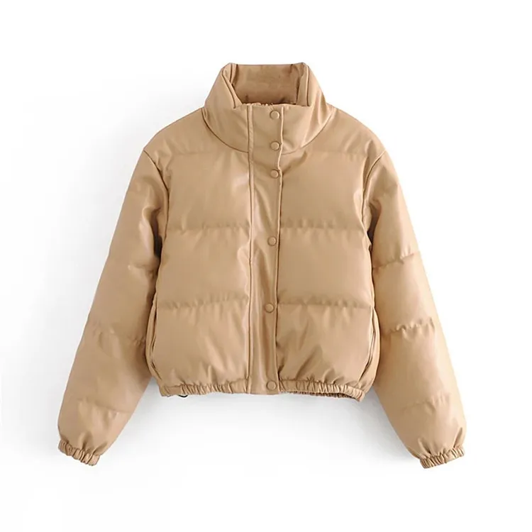 Casual Pure Color Simple ImitationLeather Cotton Clothes Women - Khaki