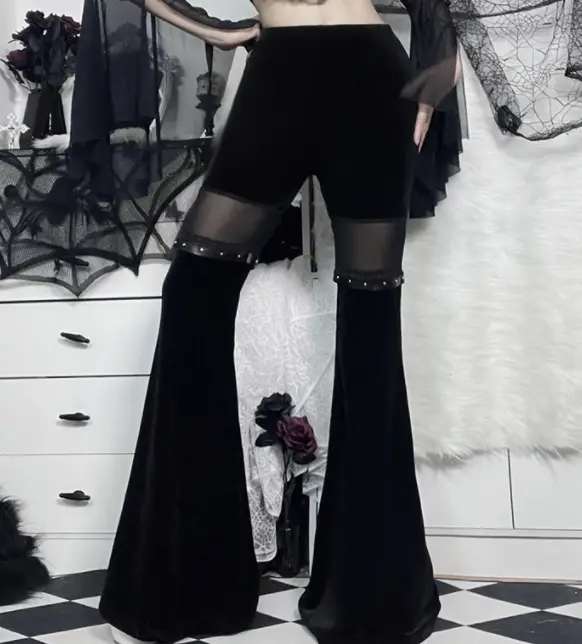 Mesh Panel Slim Fit High Waist Flare Pants