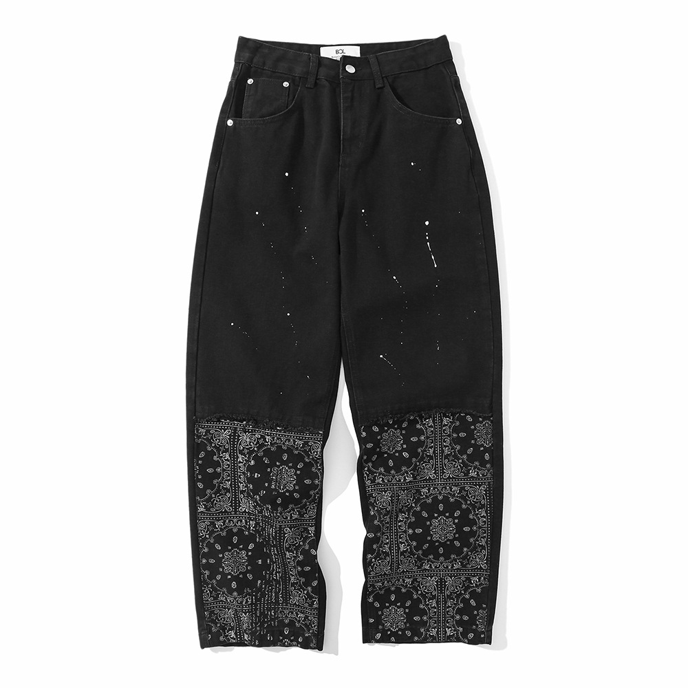 Title 7, Calças Jeans Cashew Flower Stitching Splash Ink...