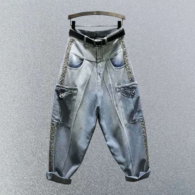 Rivet Net Red Personality Dad Denim Harem Baggy Pants Women Blue - Shop at LoveMi