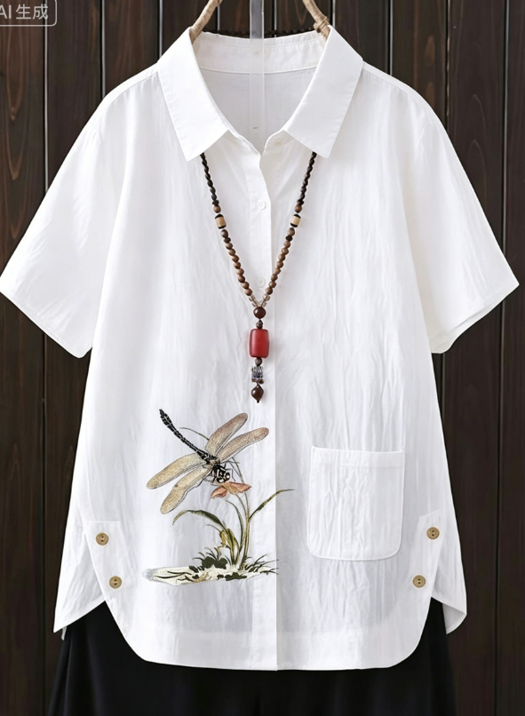 White Cotton-Linen Short-Sleeve Shirt With Dragonfly Embroidery