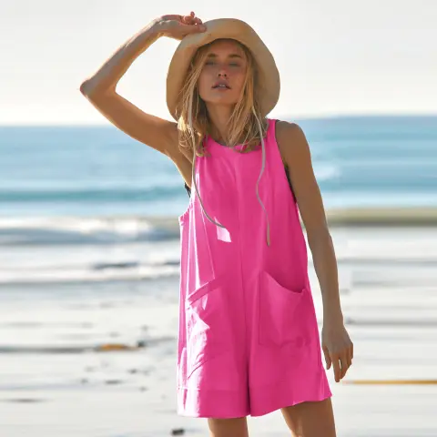 Solid Color Loose Jumpsuit with Pockets Fashion Summer Straight