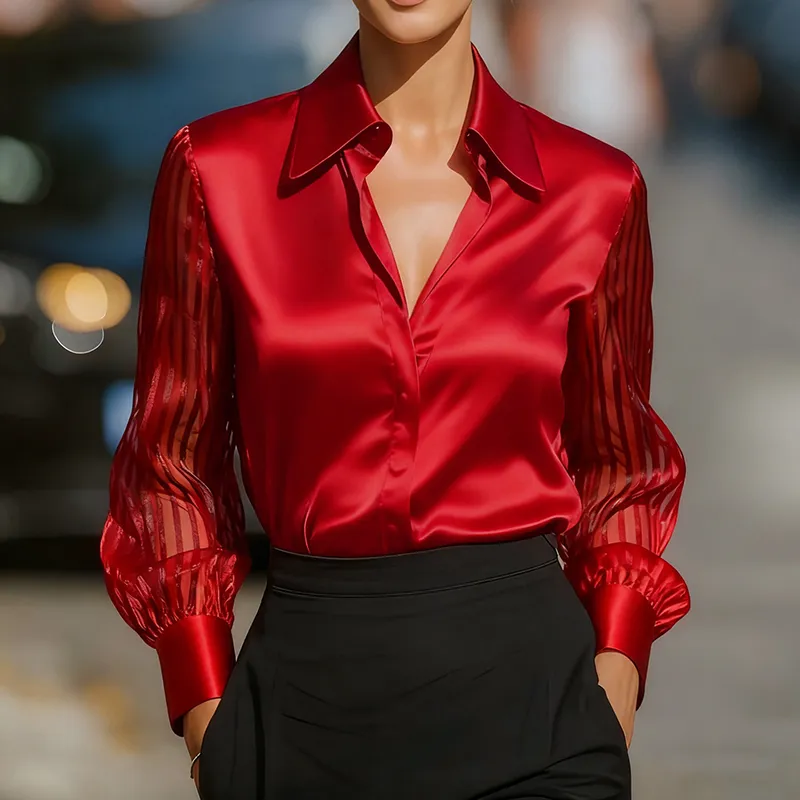 Elegant Women's Satin Blouse - Classic Lapel Collar, Sheer Long Sleeve, Button-Down Shirt With Smooth Flowy Design For Spring & Autumn Office Wear ...