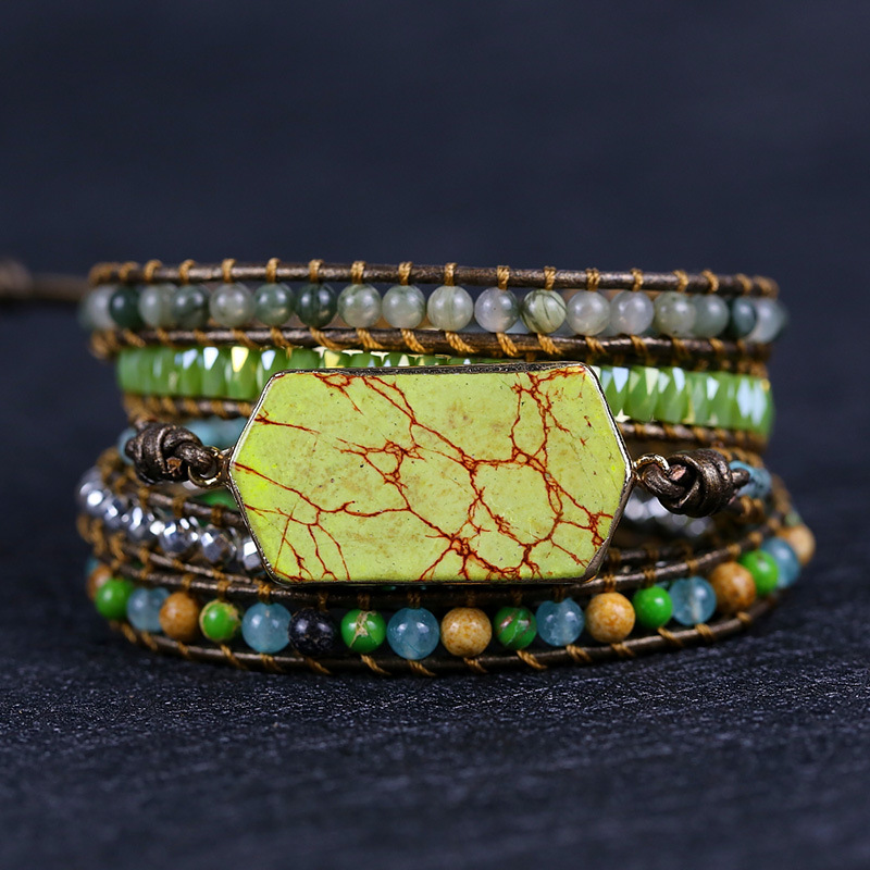 Diamond Shaped Imperial Turquoise Hand-woven Multi-layer Leather Bracelet
