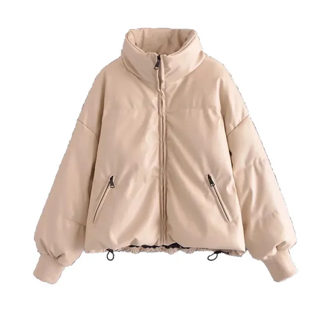 Fashion Urban Casual Solid Color Simple PU Cotton Jacket Women's Small Stand up Collar Light Pink - Shop at LoveMi