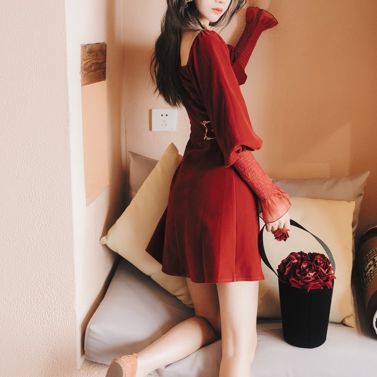 Autumn And Winter Temperament Long Sleeve Velvet Dress