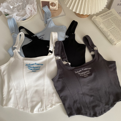 Letter Embroidery Small Suspender Vest Women Slim Short Outer Wear Top