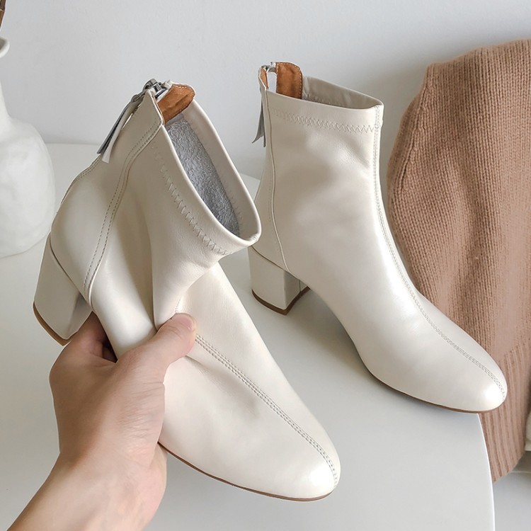 Women's Back Zipper Thick Heel Short Cowhide Boots