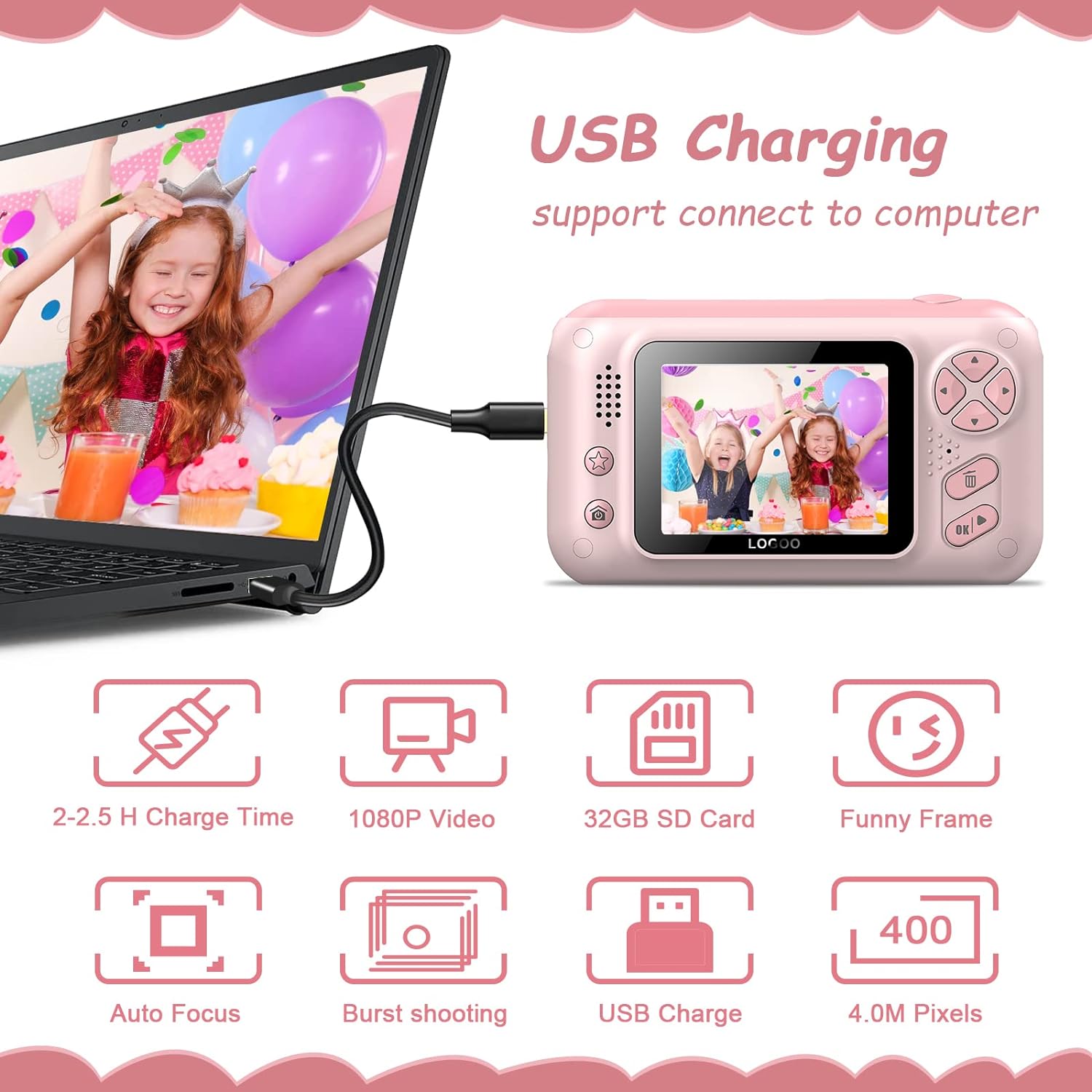 Kids Camera, Children Digital Selfie Camera For 3-12 Year Old Girls Boys With 20