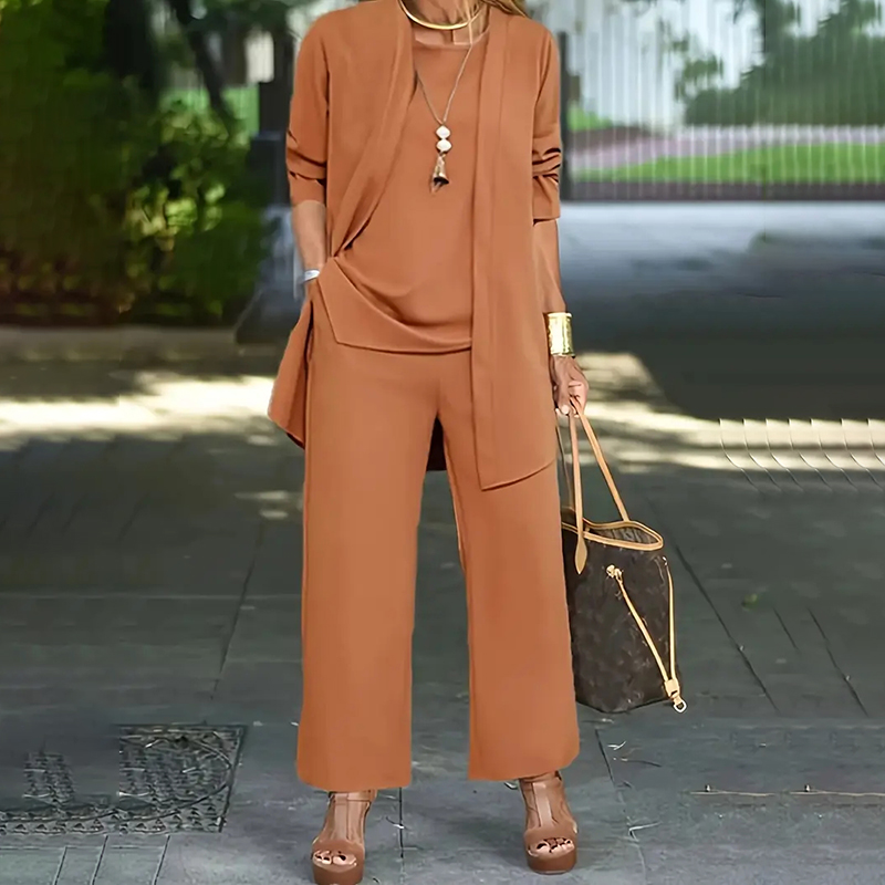 Women's Plus Size Casual 3-Piece Set Open Front Cardigan Sleeveless Vest Pants Solid Color Lounge Set - Image 3