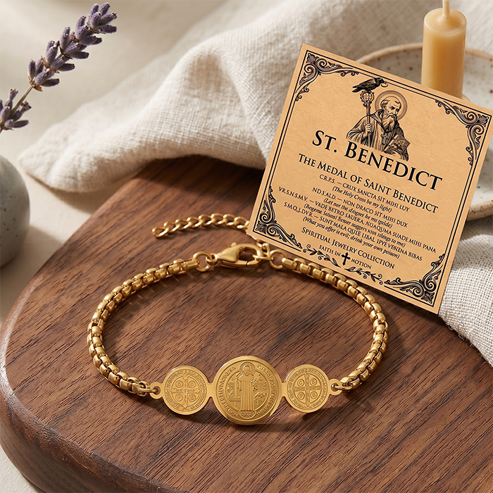 St. Benedict Medal Protection Bracelet With Message Card - 18K Gold Plated Stainless Steel Box Chain Religious Blessing Jewelry Gift For Men Women