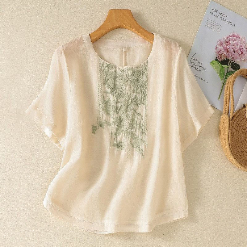 Women's Graceful And Fashionable Heavy Industry Embroidered Cotton And Linen Top