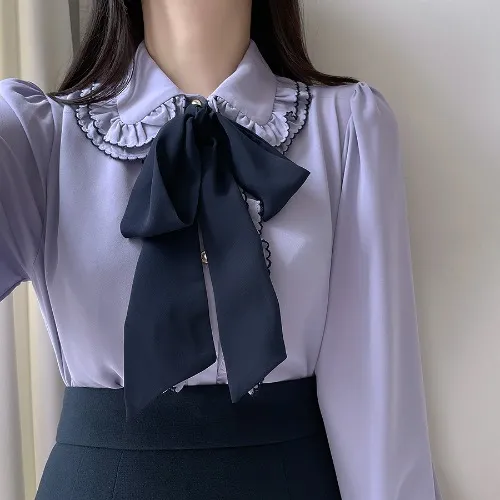 French Design Feeling Of Ear Edge Shirt Purple - Shop at LoveMi