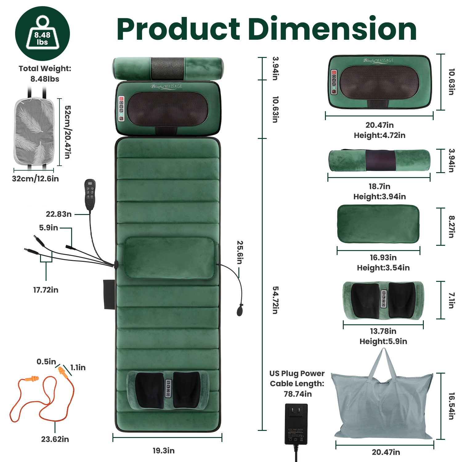 Full Body Electric Massage Mat Heating Vibration Massage Pad Cushion Back Massage Mattress Chair Pad With Neck Foot Massage Head Pillow And Cloth Lumbar Pillow Timer Anti-Slip Bottom Earplugs — foto 5