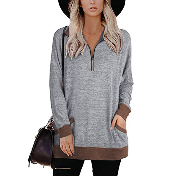 Fall winter Zipper Stand Collar Pocket Long Sleeve Contrast Sweater T Shirt