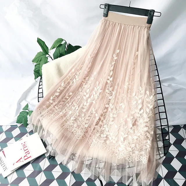 Floral Embroidery A Line Skirt Lace Mesh Skirt Apricot - Shop at LoveMi