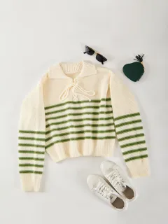 Women's Loose Casual Striped Lace-up Sweater - Picture Colour-S - View 1
