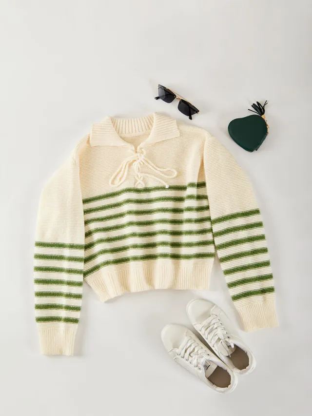 Women's Loose Casual Striped Lace up Sweater Picture Color S - Shop at LoveMi