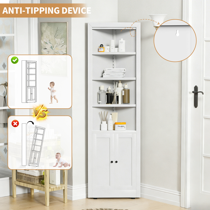 71in White Corner Storage Cabinet W 2 Doors, 5-Tier Metal Shelving Unit For Kitchen Pantry Living Room Bathroom Laundry 4