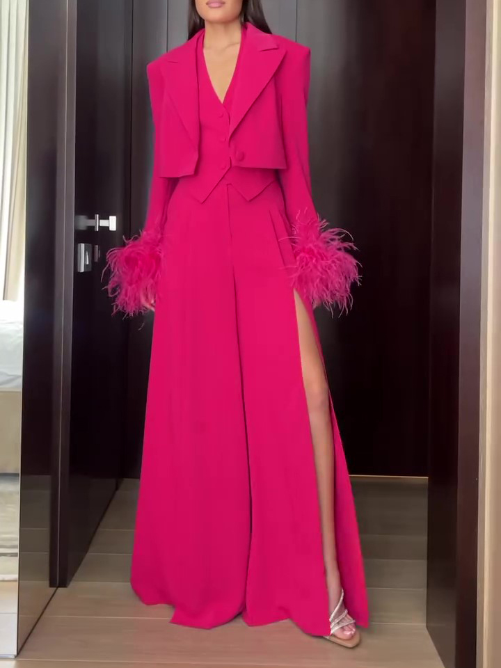 Rose Cuffs Furry Cropped Jacket Vest Slit Pants Three piece Set Rose - Shop at LoveMi