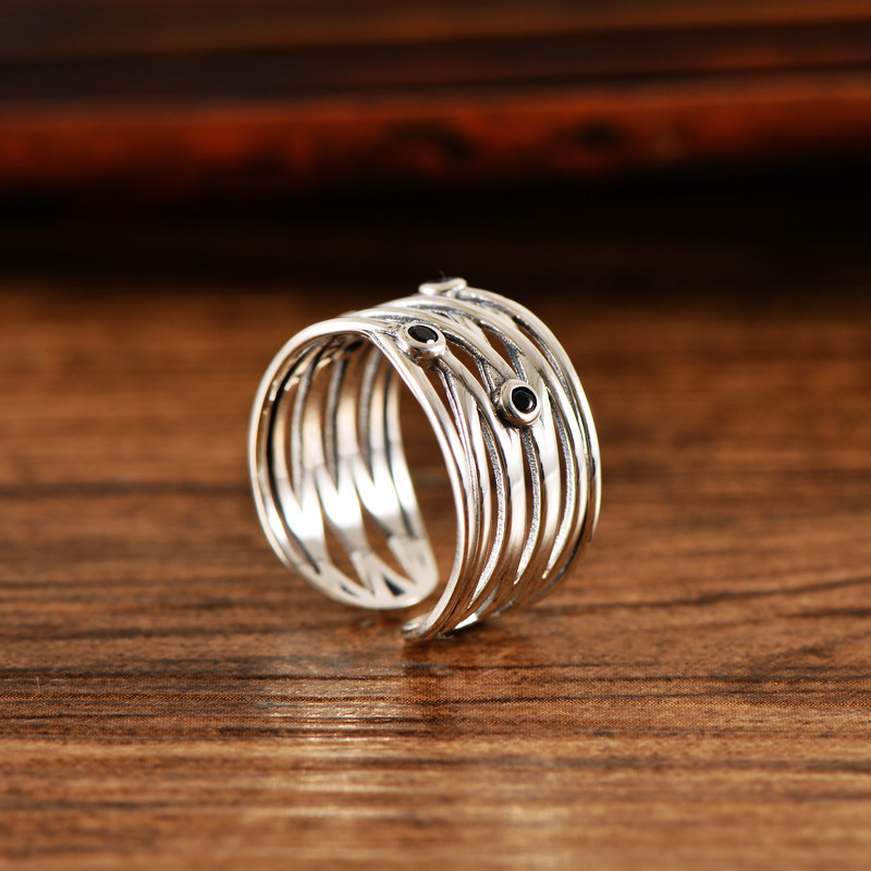S925 Silver Vintage Woven Wide Version Ladies Ring