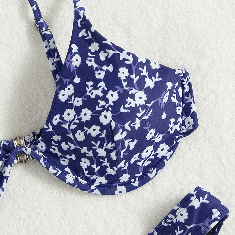 Floral Gather Backless Split Swimsuit High Waist Triangle Bikini - Image 5